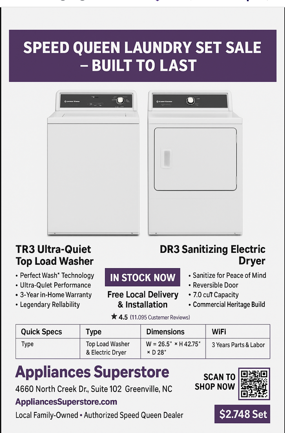 Speed Queen Set 3 Series TR3003WN and DR3003WE Washer and Dryer Set with Parts