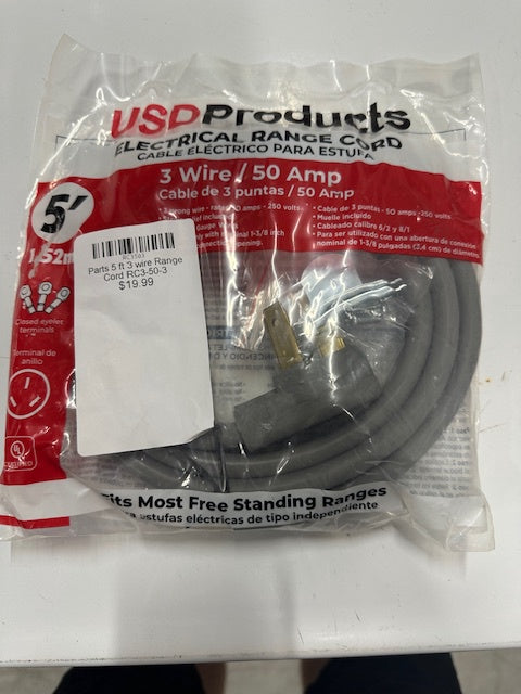 Parts 5 ft 3 wire Range Cord RC3-50-5
